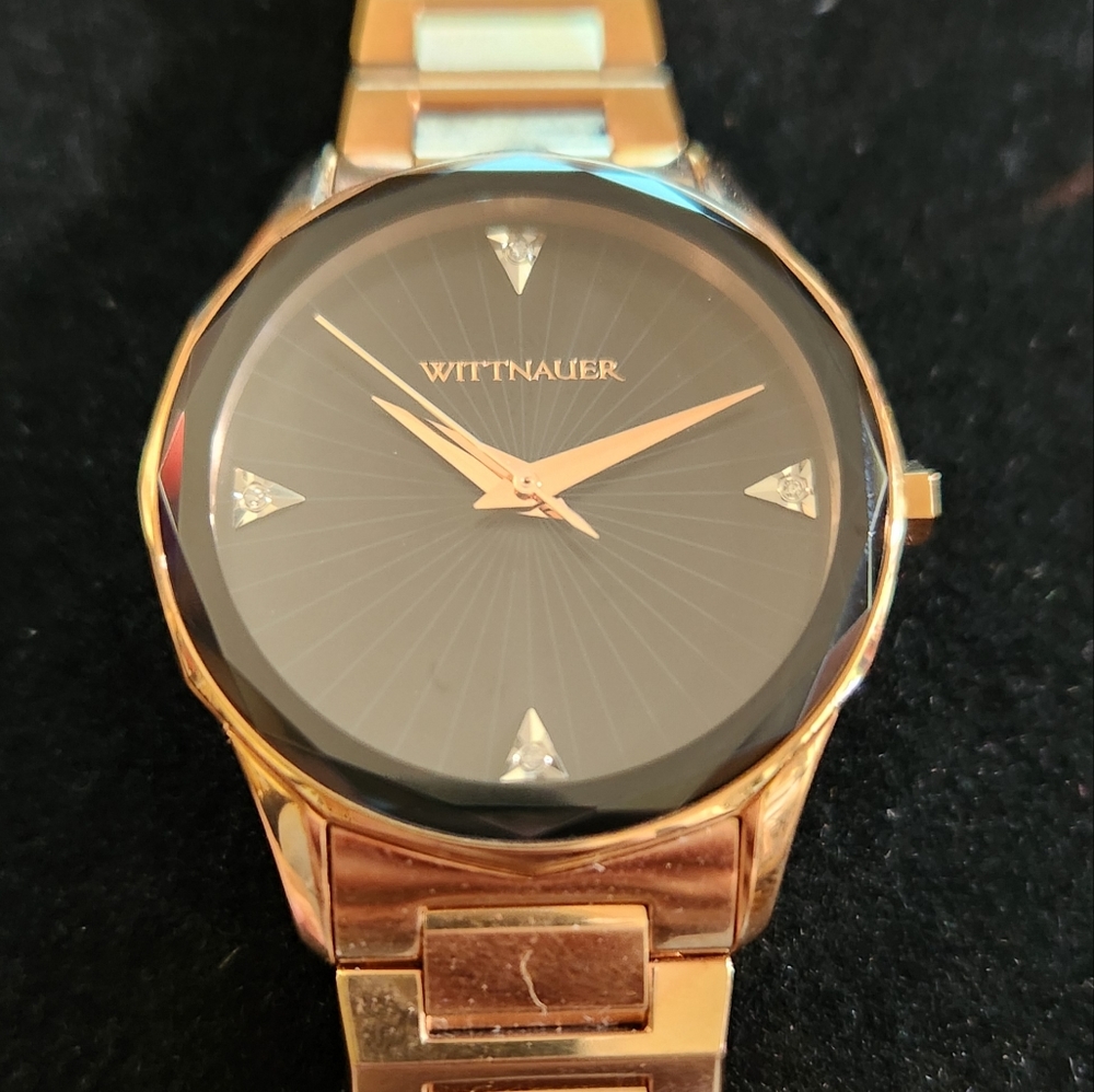 Ladies' Wittnauer Diamond Accent Rose-Tone Watch with Black Dial (Model: WN4107)